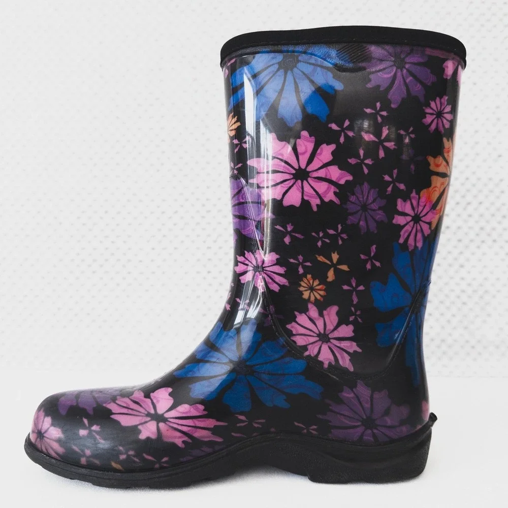 Sloggers‎ Rain Boots Women Size 7 Black Floral Waterproof Garden Mid Calf Boots